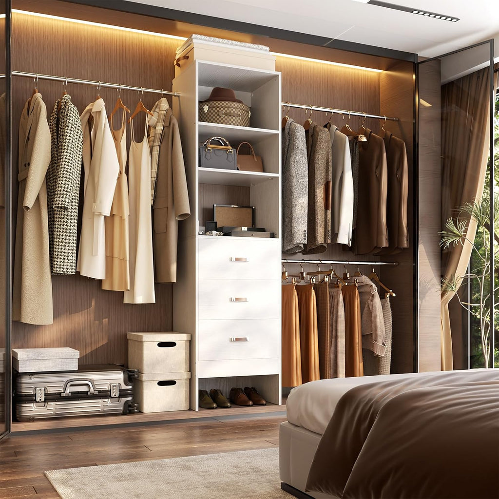 96'' Closet Organizer System with 3 Hanging Rods (Without 3 Storage Shelves), 8FT Closet Systems, Wall Mount Bedroom Wardrobe with 3 Wood Drawers, Adjustable Garment Rack from 5 to 8FT, White