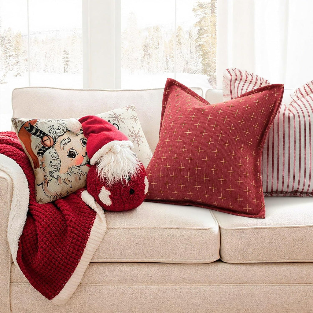 ZWJD Christmas Pillow Covers 16x16 Set of 2 Soft Polyester Textured Pillows with Stylish Flange Edge Cozy Farmhouse Christmas Decor for Couch Bed Sofa Living Room (Red)