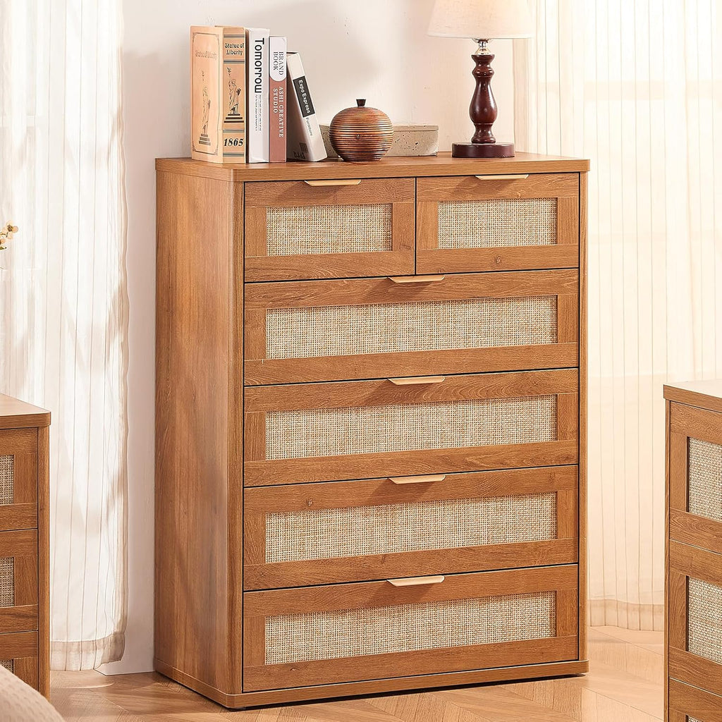 LEYAOYAO Rattan Dresser for Bedroom Set of 2, 42" Tall Chest of Drawers, Modern 6 Drawers Boho Dressers with Storage, Vintage Brown Dresser Wooden Closet Organizer for Living Room, Hallway
