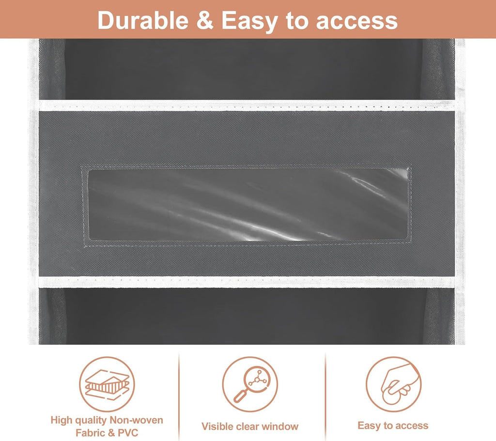2 Packs 5-Tier Over The Door Organizer with 10 Side Mesh Pockets, 48 lbs Load Capacity, 3 Hooks Design, Hanging Organizer with Clear Windows for Bathroom, Bedroom, Nursery, Kitchen-Grey