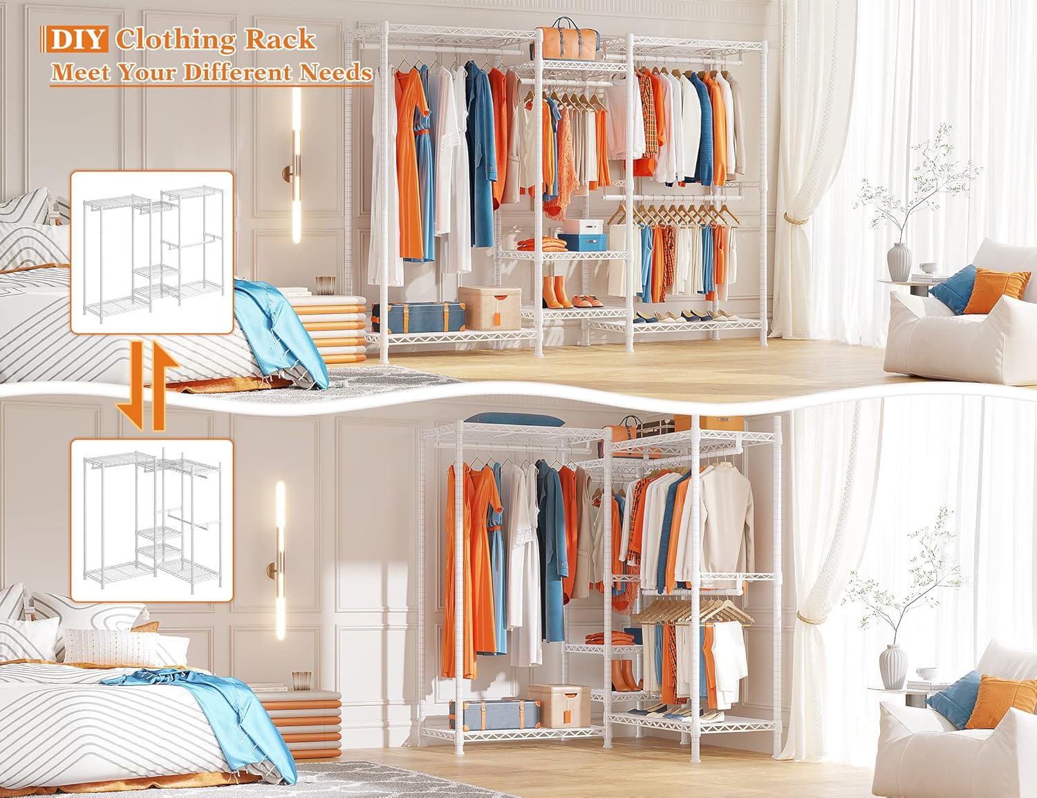 Raybee Clothing Racks for Hanging Clothes Heavy Duty Clothes Rack Load 750LBS Garment Rack, 77" H x 70.5" W x 13.8" D, White