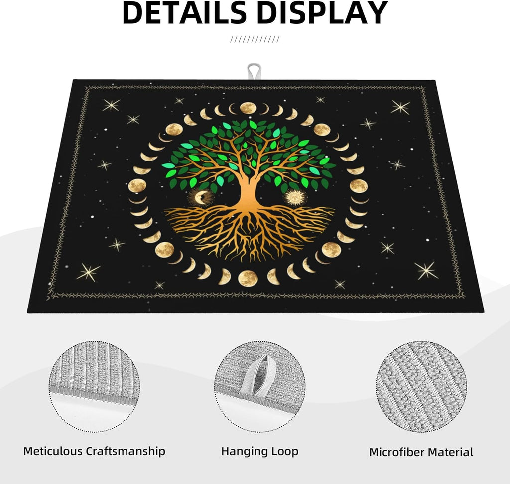 Black Microfiber Dish Drying Mat for Kitchen Counter 18"x24" Ancient Life Tree Decorative Dishes Pad Dish Drainer Rack Mats Absorbent Washable Reusable Moon Luna Hippy Decor