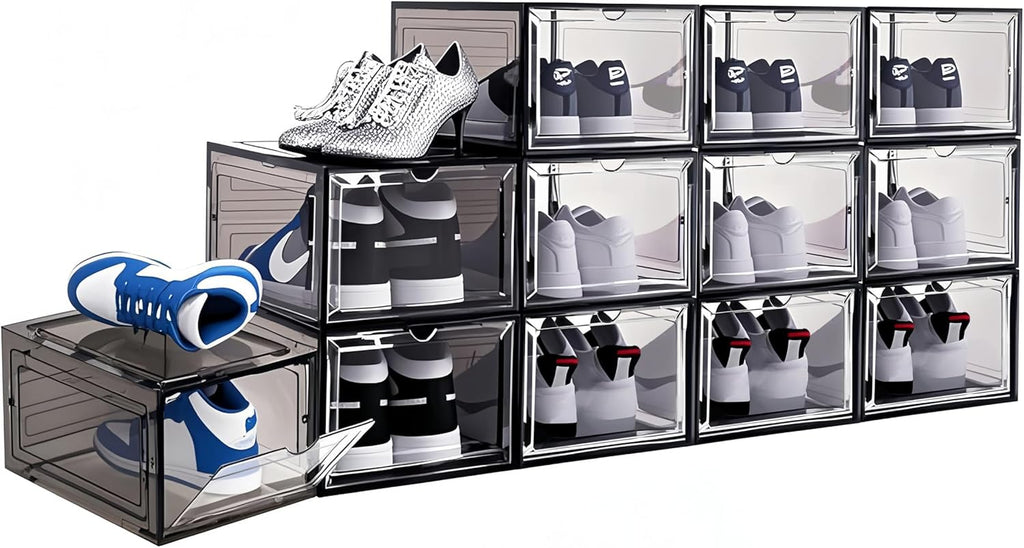 9 Pack Thicken Shoe Organizer Stackable Upgraded Sturdy Transparent Shoe Storage Box with Magnetic Door Sneaker Hats Display Case Fit Up to US Size 13, Black