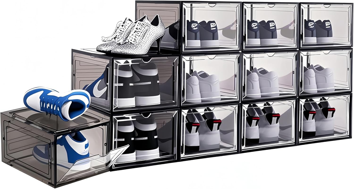 9 Pack Thicken Shoe Organizer Stackable Upgraded Sturdy Transparent Shoe Storage Box with Magnetic Door Sneaker Hats Display Case Fit Up to US Size 13, Black