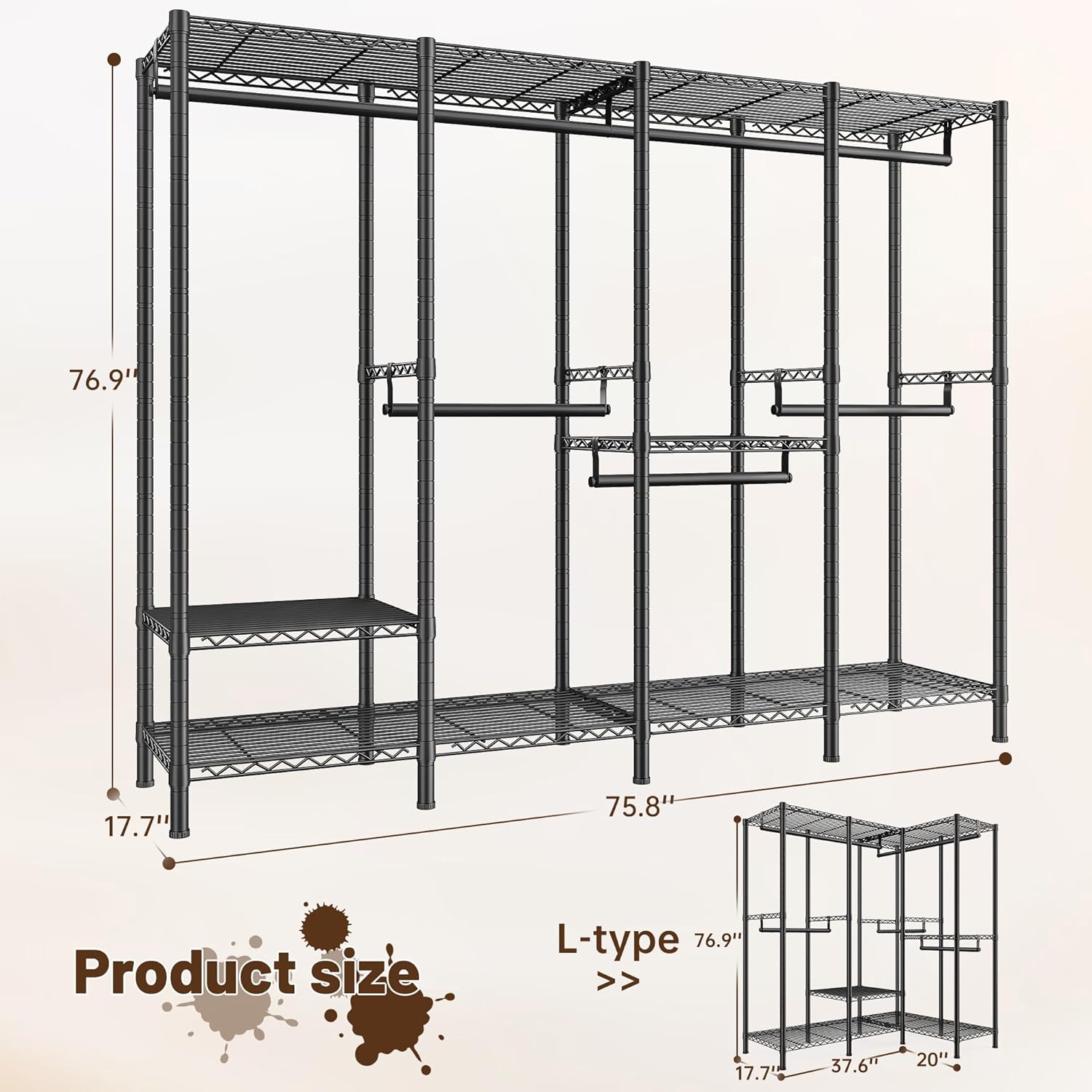 Raybee Clothes Rack Heavy Duty 1100 LBS Capacity Clothing Racks for Hanging Clothes Adjustable Garment Rack,17.7" D x 75.8" W x 76.9" H Black
