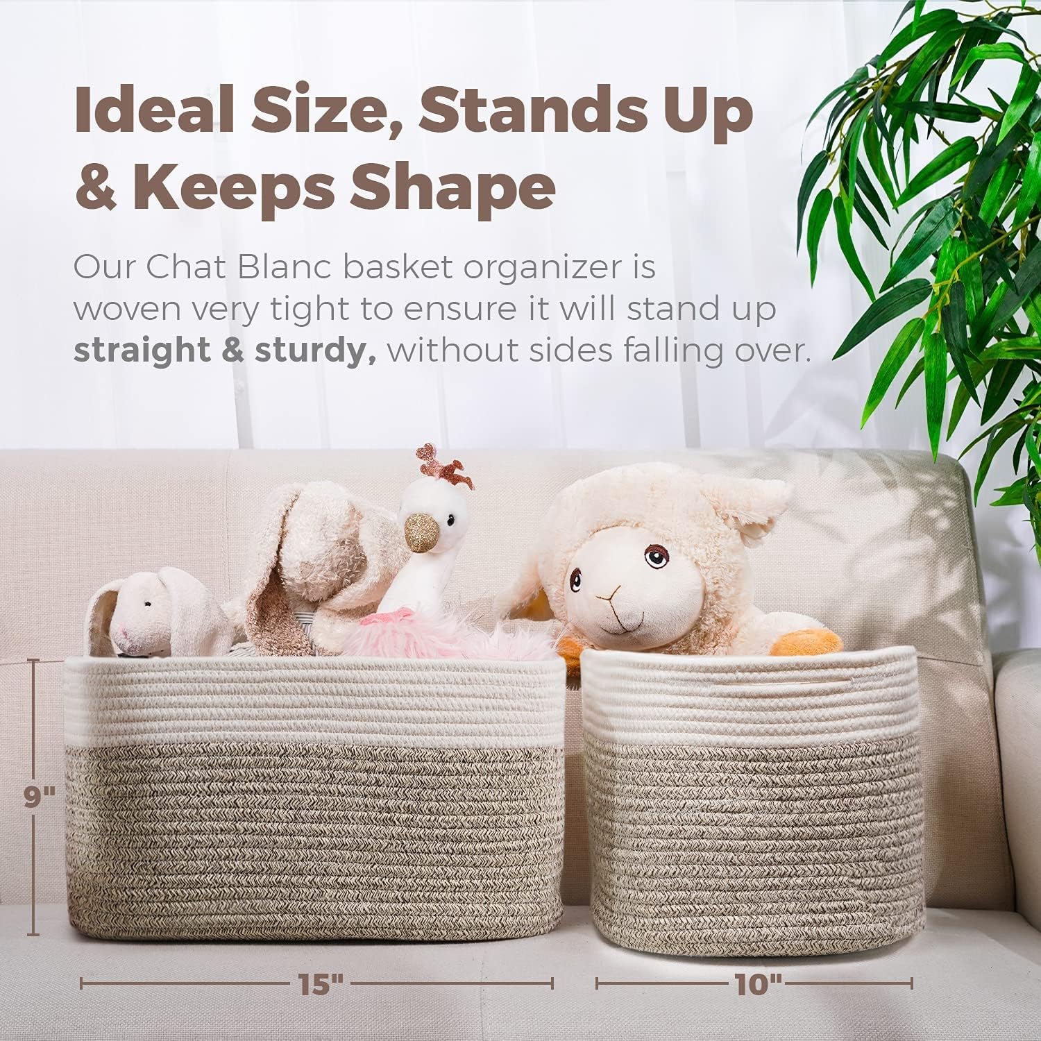 CHAT BLANC Cotton Rope Baskets for Organizing | 15”x10”x9” Storage Baskets for Shelves | Small Laundry Woven Baskets for Storage, Dog Toy Bin, Baby Basket,Off White&Brown 3 Pack