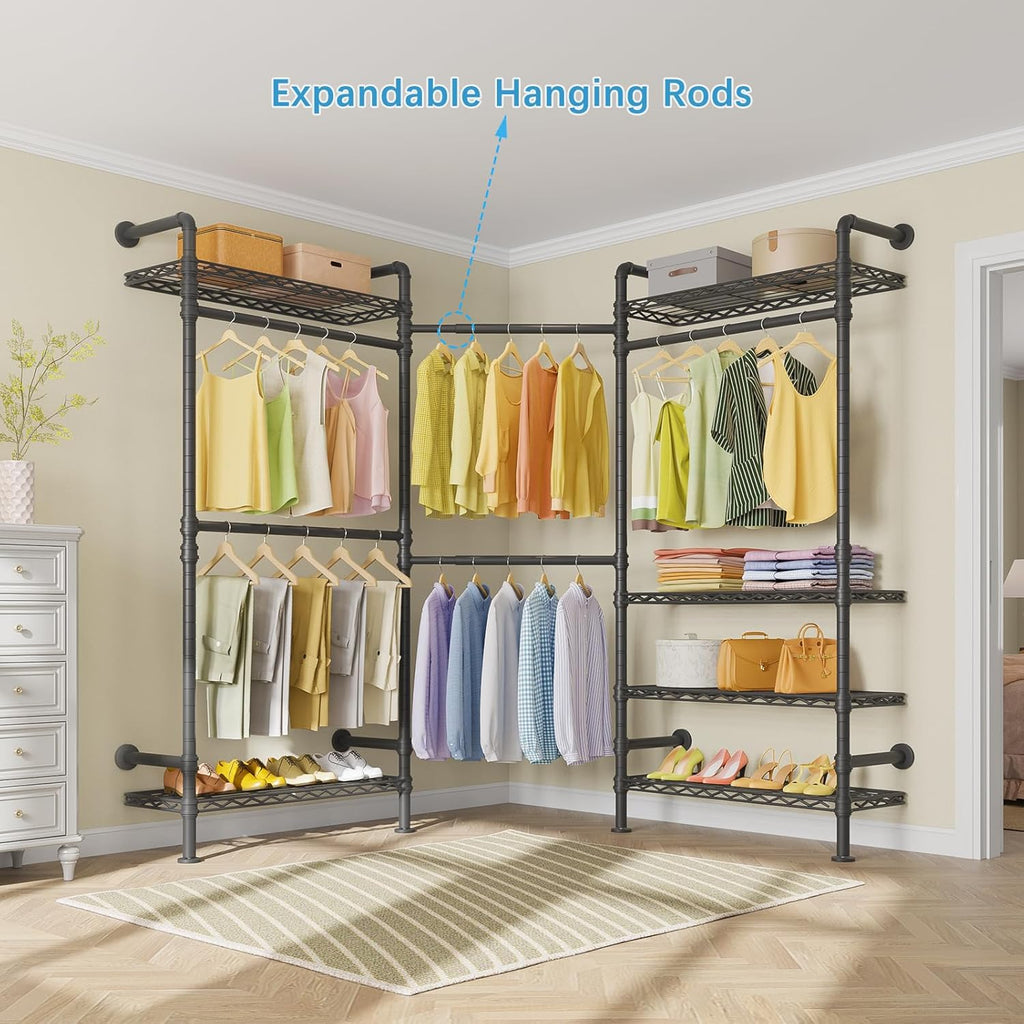 Timate F3 Garment Rack Heavy Duty Clothes Rack for Hanging Clothes, Expandable Industrial Pipe Wall Mounted Clothing Racks, Adjustable Storage Wardrobe Closet Kit Walk in Closet Systems, Black