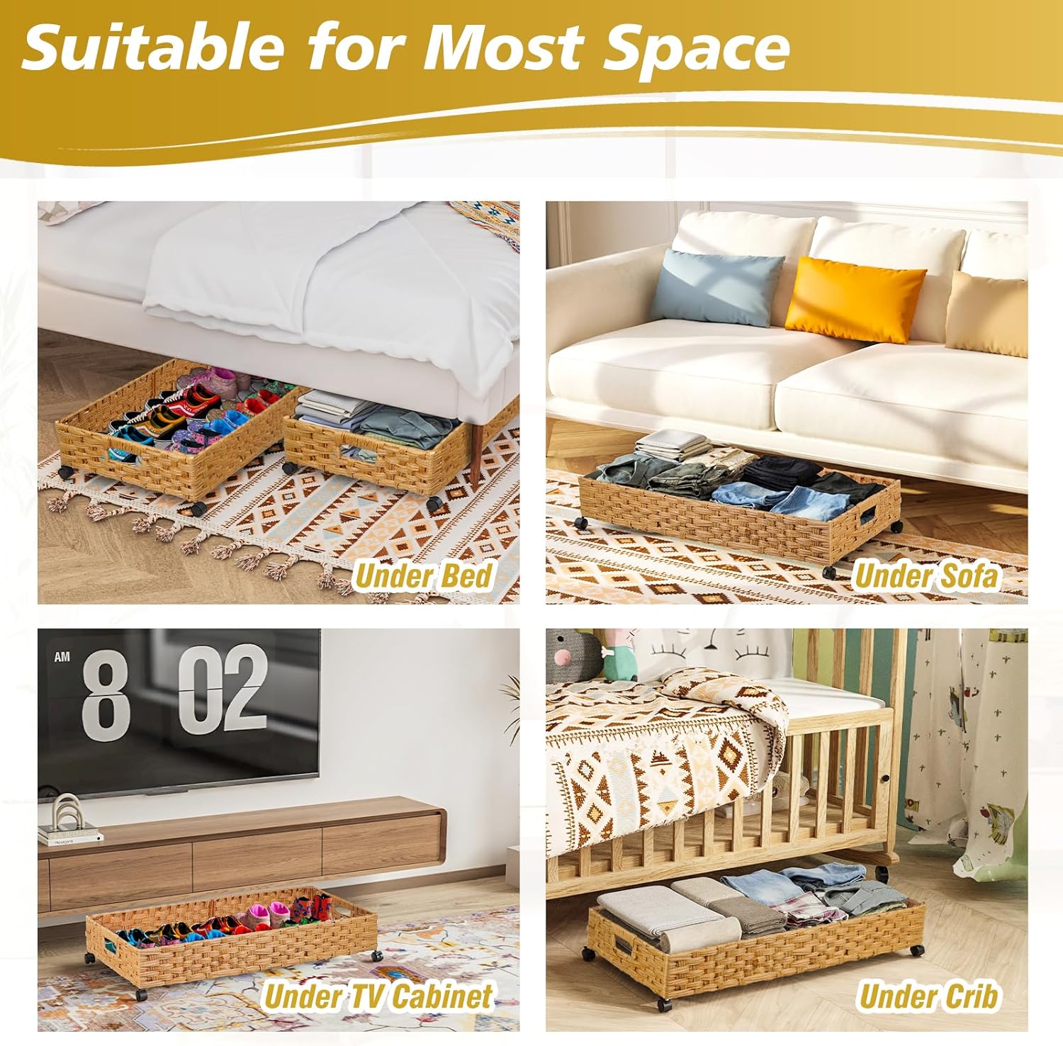 Under Bed Storage Containers with Wheels, 31.5in / 35L Handmade Rattan Underbed Organizer Drawer, Tool-free Assembly Rolling Under Bed Storage Bins for Shoes Clothes Toy Book
