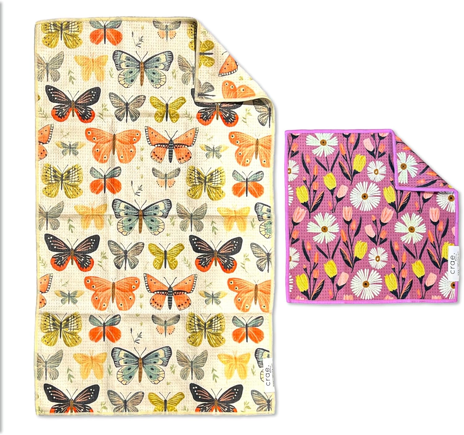 Microfiber Hand Towel & Washcloth Set of 2 - Double-Sided, Waffle Weave, Super Absorbent, Lint-Free, Fast Drying - Wings & Flower Farm Pattern for Bathroom, Kitchen, Car, and Window Cleaning