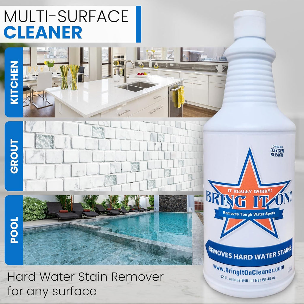 BRING IT ON! CLEANER Water Spot Remover Plus 2 Drill Brushes, Clean Tile, Cleaning Drill Scrub Brush, Cleaning Brush For Drill, Drill Brush Attachment (32 oz)