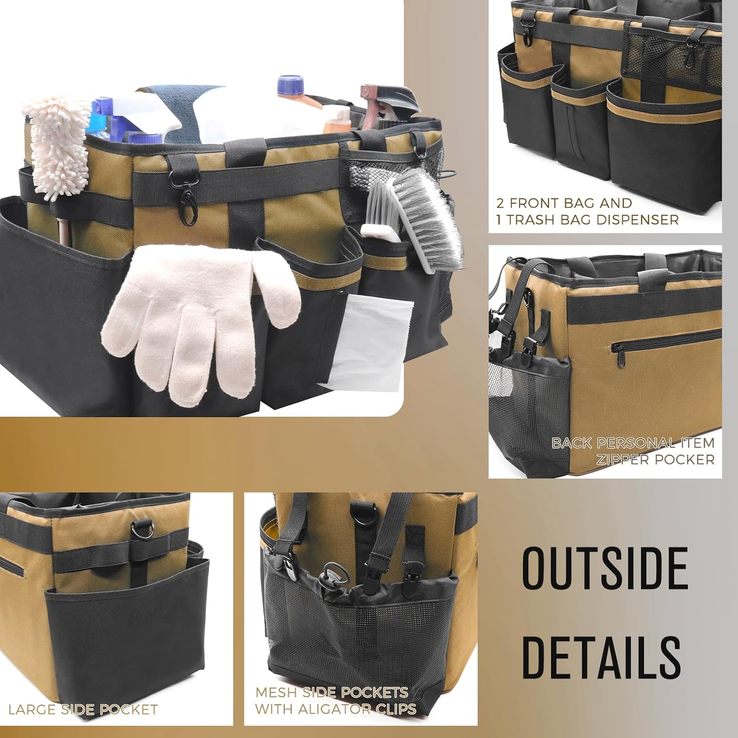Wearable Cleaning Caddy Organizer with Handle & Shoulder Straps for Housekeepers, Under Sink & Car Cleaning Tool Organizer Bag with 4 Foldable Dividers (Tan)