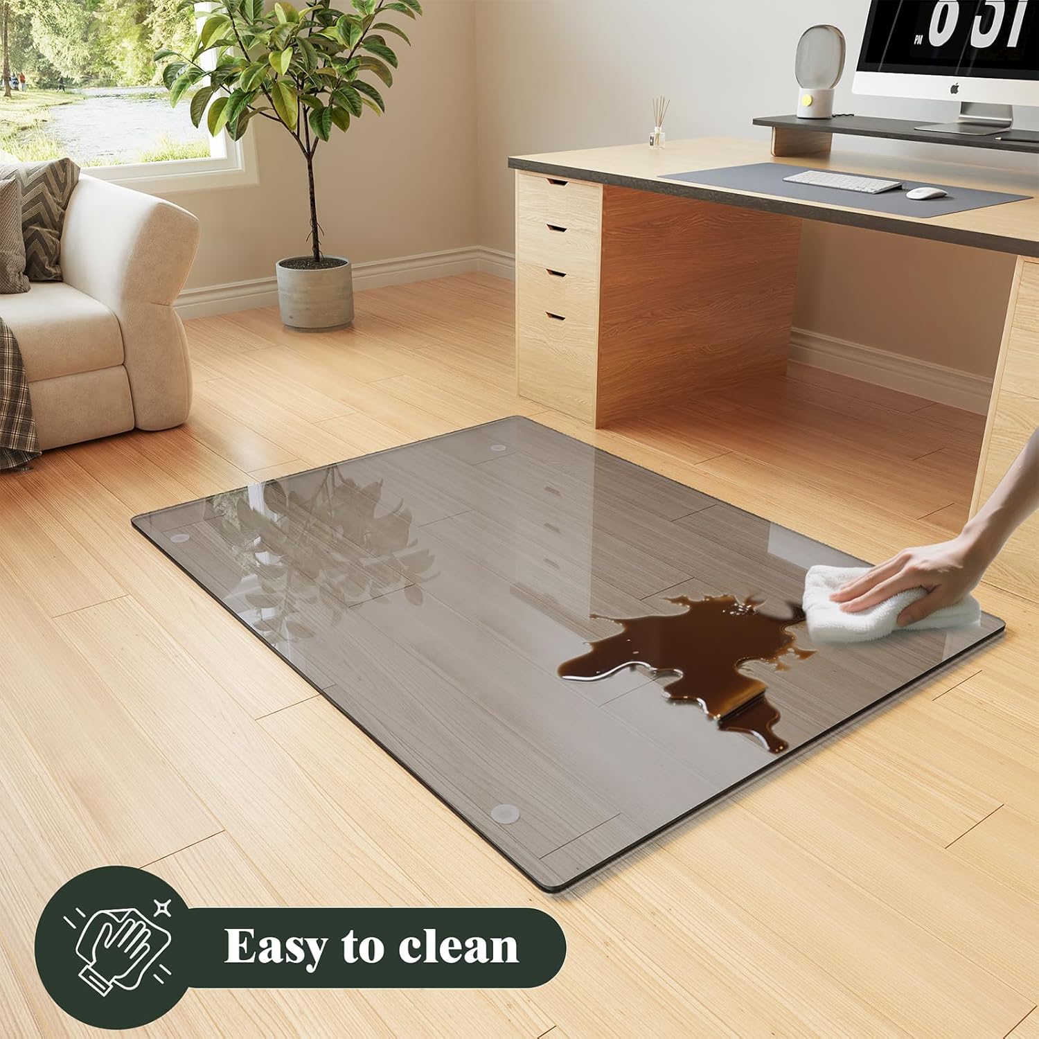 Koonmi Tempered Glass Chair Mat for Hardwood Floors & Carpets, 30" x 48“ Grey Heavy Duty Office Floor Protector with Noise-Free Gliding Shatterproof for Home Office Desk