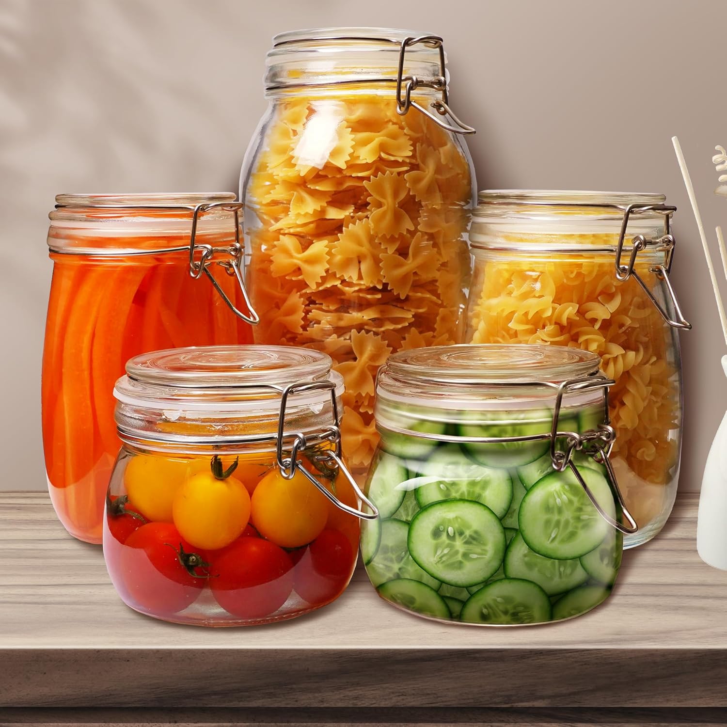 Glass Jars with Airtight Lid Set of 6, 17 floz Wide Mouth Mason Jars with Clamp Lids,Glass Sealed Jars with Air Tight Lids, Best for Kitchen & Pantry Food Storage