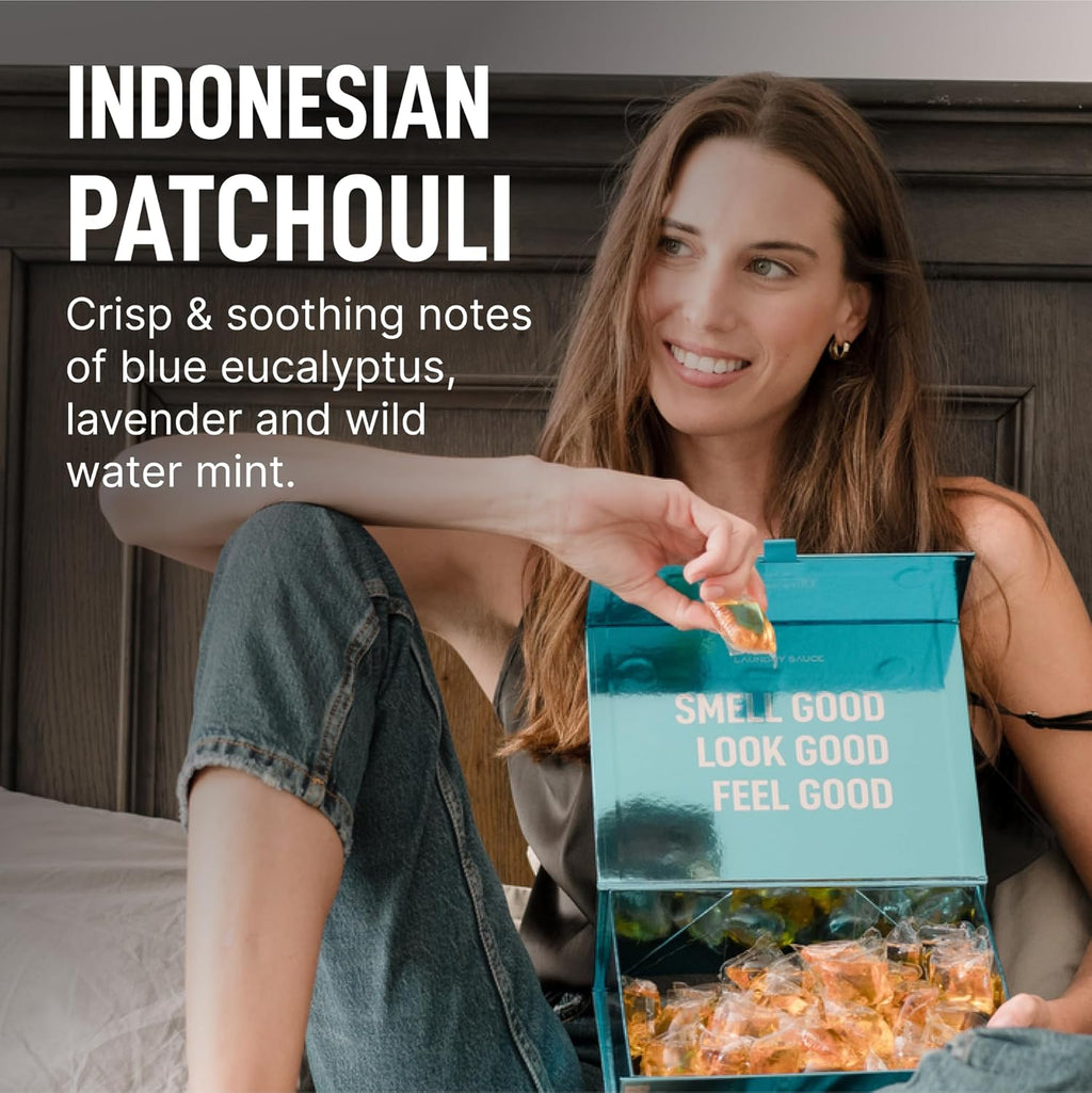 Laundry Sauce - Luxury Scented Laundry Detergent Pods & Scent Booster Bundle (Indonesian Patchouli), Premium Laundry Washing Pods with High-End, Sophisticated Fragrances - Dye Free & HE Compatible