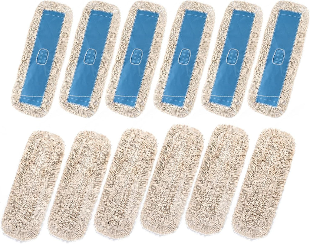 Matthew Cleaning 24'' Industrial Strength Cotton Dust Mop Refill Washable Replacement Heads for Residential & Commercial Use Fit Standard Dust Mop Frames, Hardwood,Concrete Floors Blue&White 12 Pack