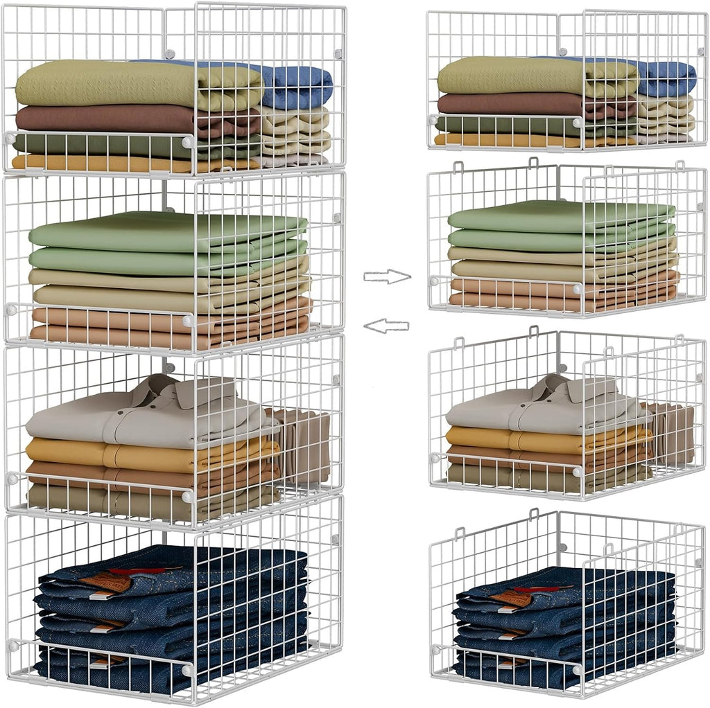 Stackable Closet Organizers and Storage - 4-Tier Stackable Storage Bins, Foldable Closet Shelf Organizer Basket, Clothes Organizers and Storage Shelves for Home Bedroom Closet Organizer System