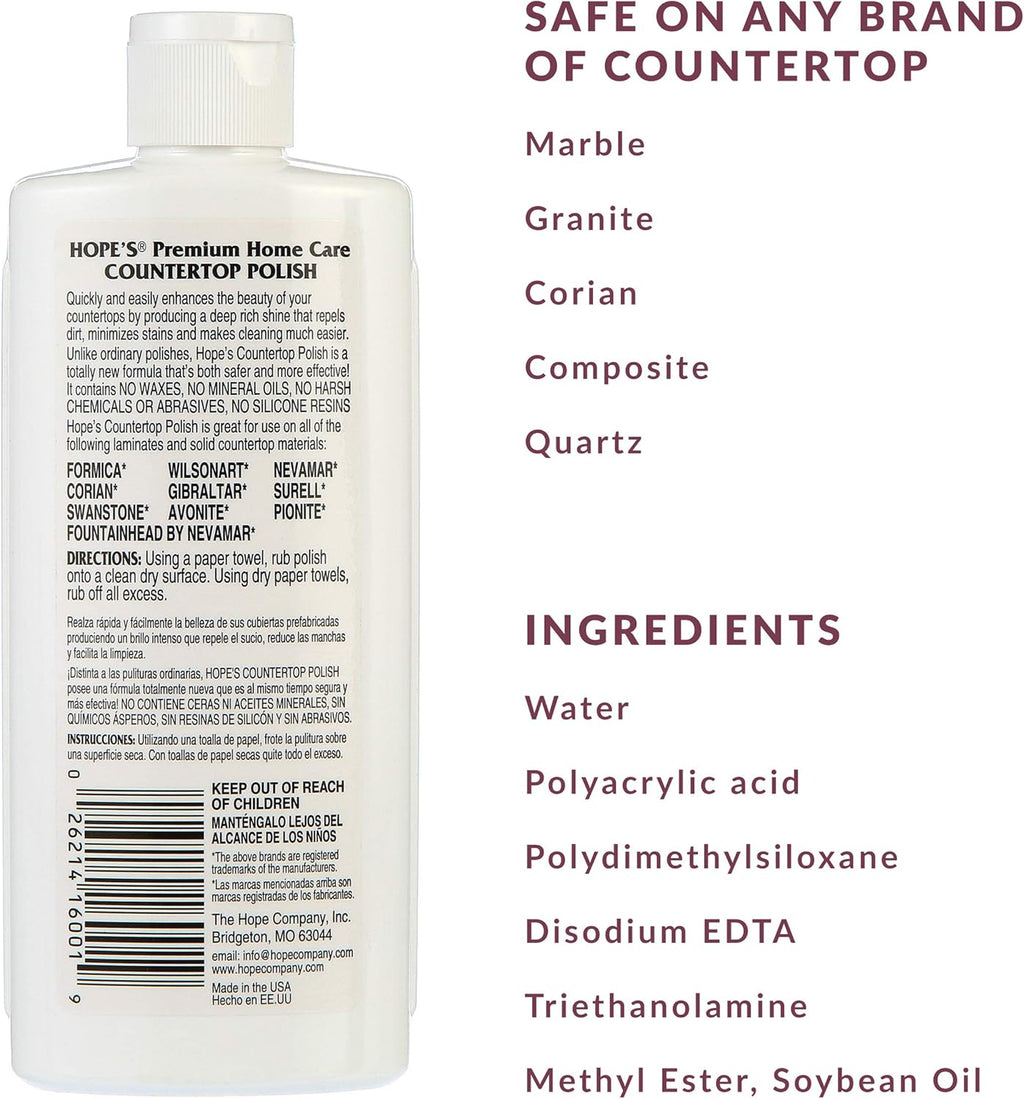 HOPE'S Countertop Restoration Polish, Streak-Free Kitchen Counter Cleaner, No Buildup on Countertops, Quartz, Marble, Corian, Composite, and Granite Polish, 8 Fl Oz, Pack of 4