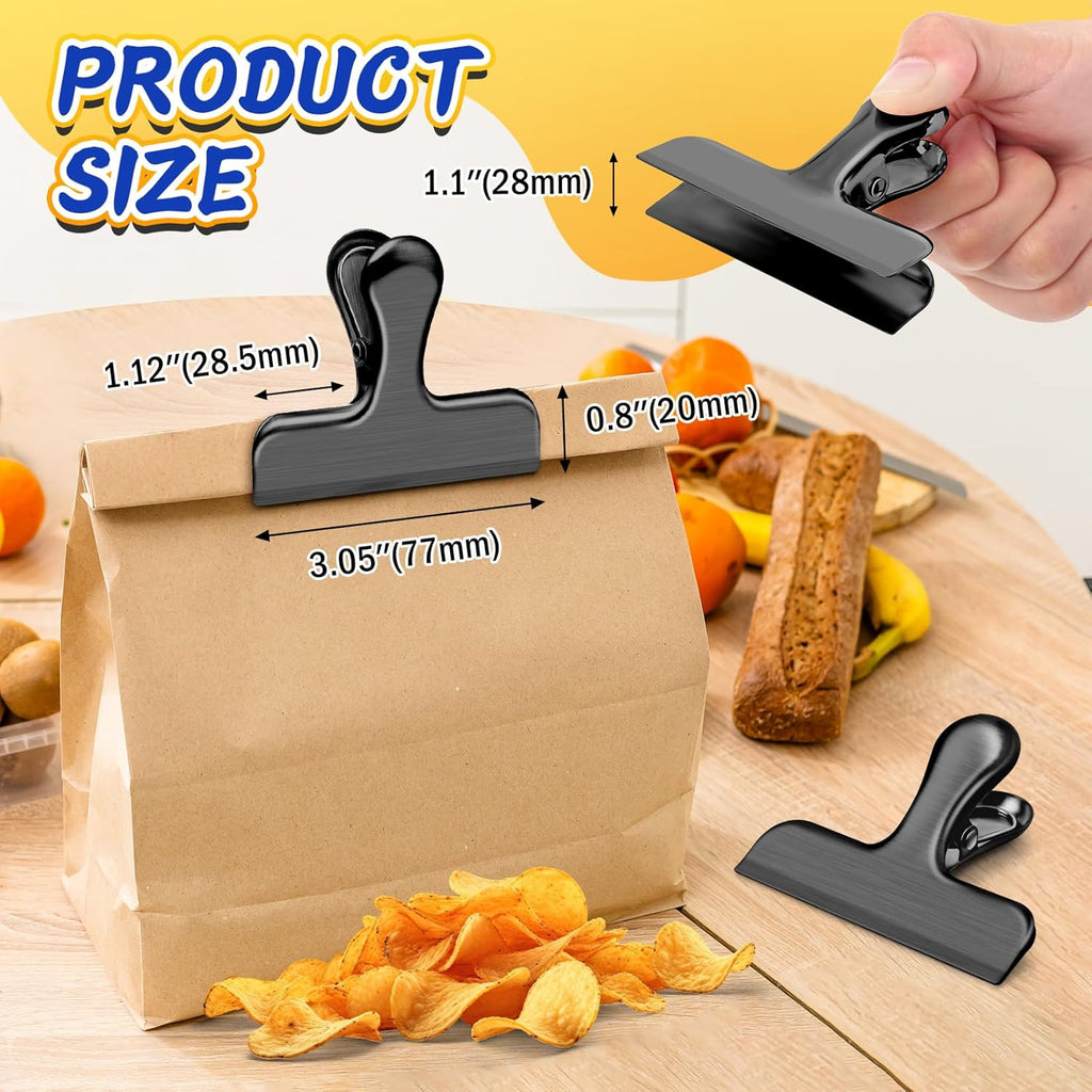 VNDUEEY 12 Pack Stainless Steel Chip Clips, Bag Clips for Food, Heavy Duty Chip Clip for Kitchen and Office to Seal Coffee Bags, Paper Sheets, Metal Clip Air Tight Seal-3 Inches, Black