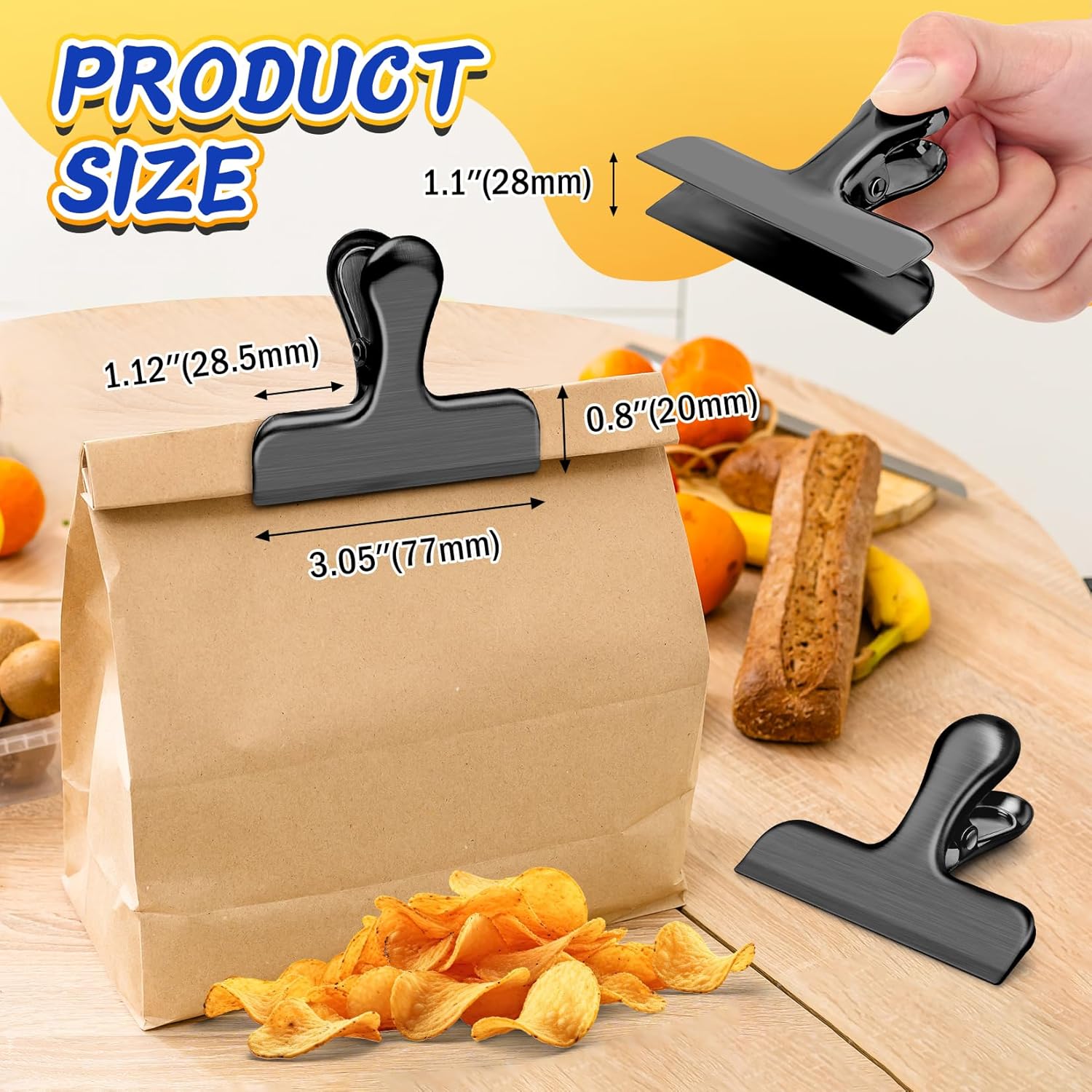 VNDUEEY 12 Pack Stainless Steel Chip Clips, Bag Clips for Food, Heavy Duty Chip Clip for Kitchen and Office to Seal Coffee Bags, Paper Sheets, Metal Clip Air Tight Seal-3 Inches, Black