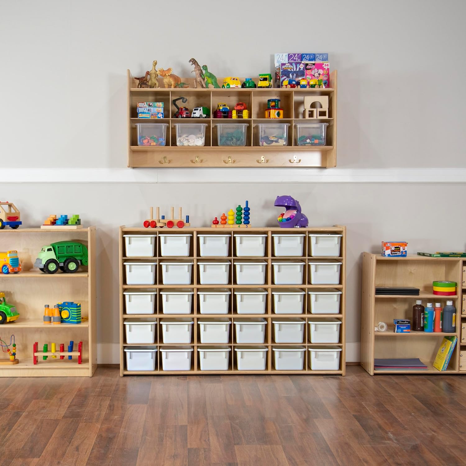 Wood Designs Cubby Storage Bin, Heavy Duty Plastic Containers for Kids White Cubby Tray Set of 20
