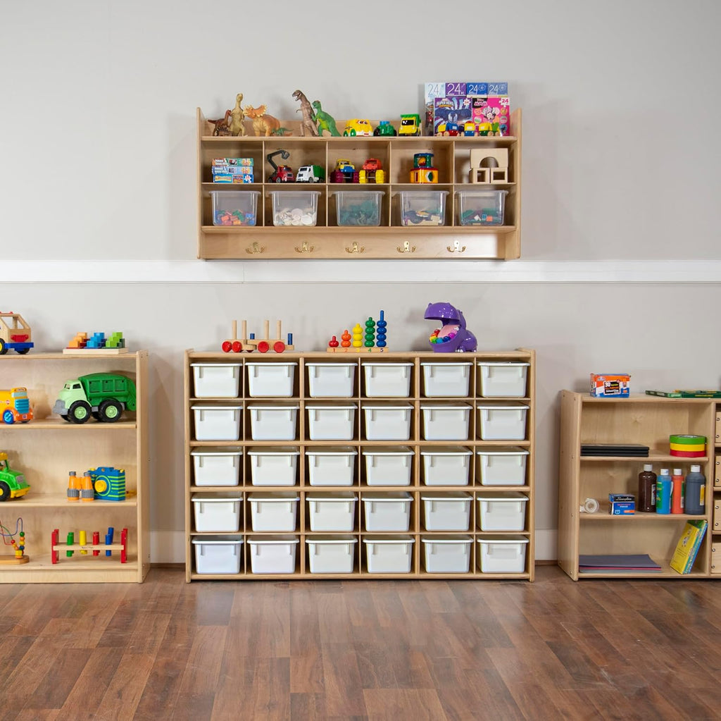 Wood Designs Cubby Storage Bin, Heavy Duty Plastic Containers for Kids White Cubby Tray Set of 25