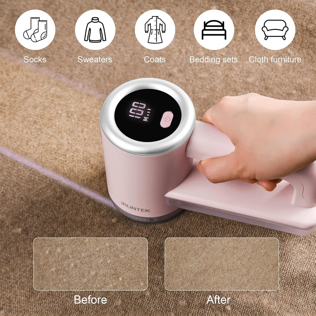iRUNTEK Rechargeable Fabric Shaver｜3-Speed Lint Shaver with LED Display & Large Lint Bin｜Sweater Shavers to Remove Pilling & Fuzz｜Lint Remover for Clothes & Furniture with Type-C Fast Charging, Pink