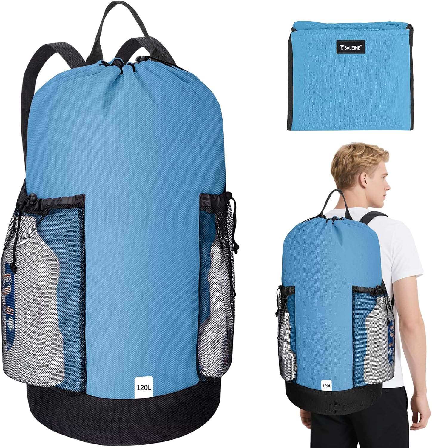 BALEINE 120L Laundry Bag Backpack, 900D Oxford Fabric Large Travel Laundry Bags with Shoulder Straps and 2 Mesh Pockets for College Dorm, Apartment, Laundromat (Blue, 120L)