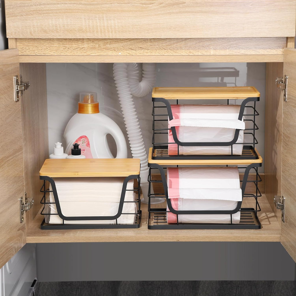 ALOCEO 3 Pack Stackable Storage Bins with Lids, Stainless Steel Trash Bag Dispenser Roll Holder for for Kitchen Sink, Laundry, Pantry Organizer and Storage