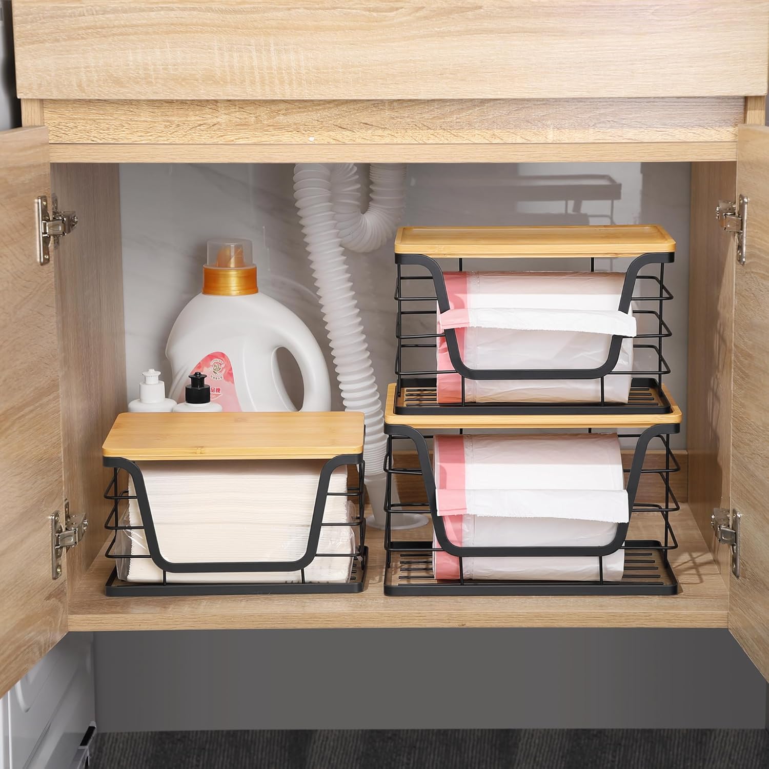 ALOCEO 3 Pack Stackable Storage Bins with Lids, Stainless Steel Trash Bag Dispenser Roll Holder for for Kitchen Sink, Laundry, Pantry Organizer and Storage