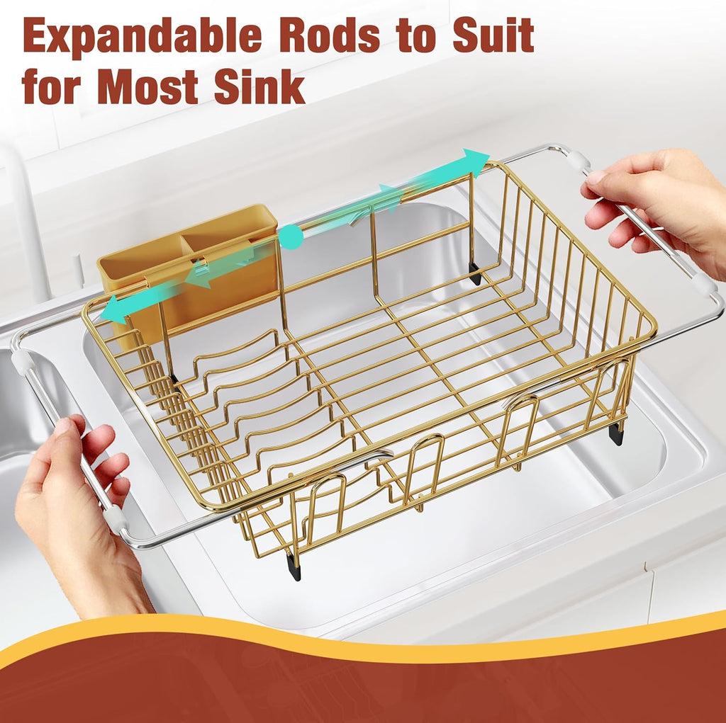 JASIWAY Sink Dish Drying Rack, Expandable Stainless Steel Dish Rack Over Sink, Kitchen Sink Drain Strainer with Cutlery Holder & Cup Holders, Space Saving Plates Dryer Rack, Gold