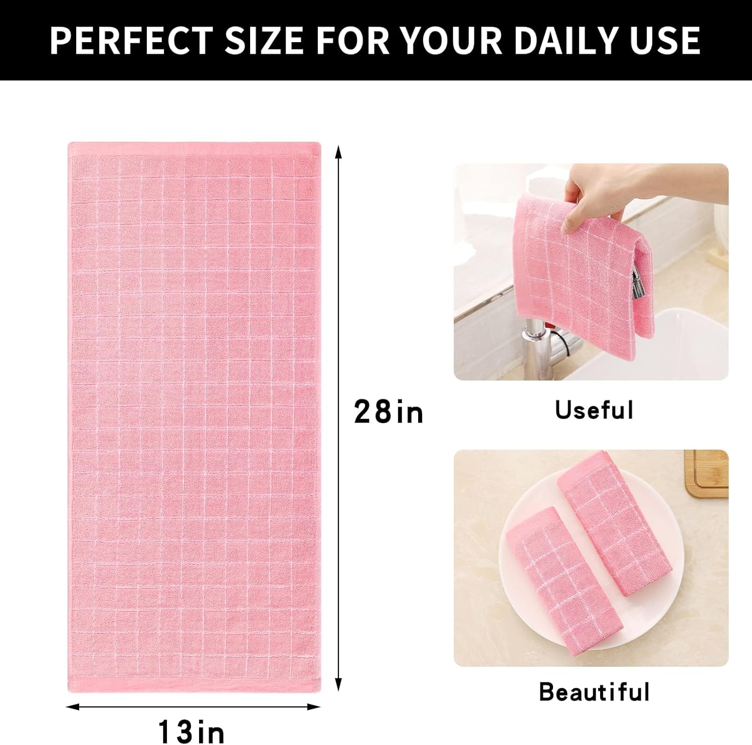 Homaxy 100% Cotton Terry Kitchen Towels(Pink, 13 x 28 inches), Checkered Designed, Soft and Super Absorbent Dish Towels, 8 Pack