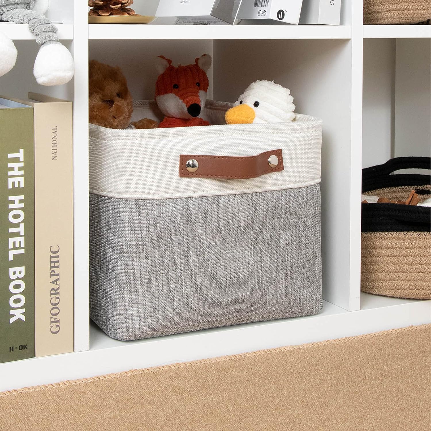 DULLEMELO Collapsible Rectangle Storage Basket for Shelves/Closets - Organize Clothes, Toys, Towels, Books, Laundry, Nursery, Dog Toys - Empty (White & Gray)