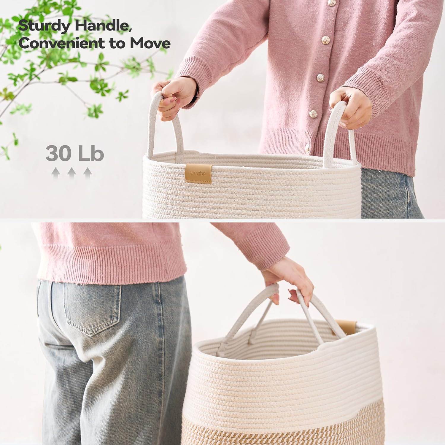 Laundry Hamper 75L,Large Laundry Basket for Clothes,Decorative Storage Basket for Blankets,Cotton Rope Woven basket for bedroom,Brown White