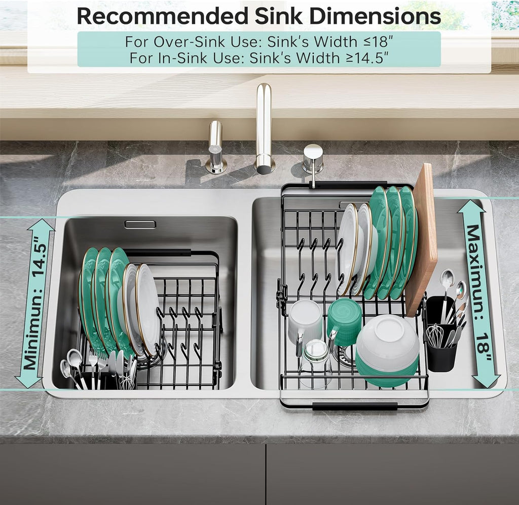 Dish Drying Rack in Sink - Expandable (14.5''-18''L) Over The Sink Dish Rack with Utensil Holder, Space-Saving Dish Drainer for Kitchen Counter, 1 Piece, Matte Black