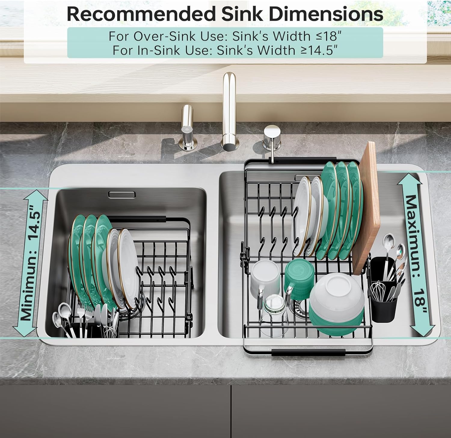 Dish Drying Rack in Sink - Expandable (14.5''-18''L) Over The Sink Dish Rack with Utensil Holder, Space-Saving Dish Drainer for Kitchen Counter, 1 Piece, Matte Black