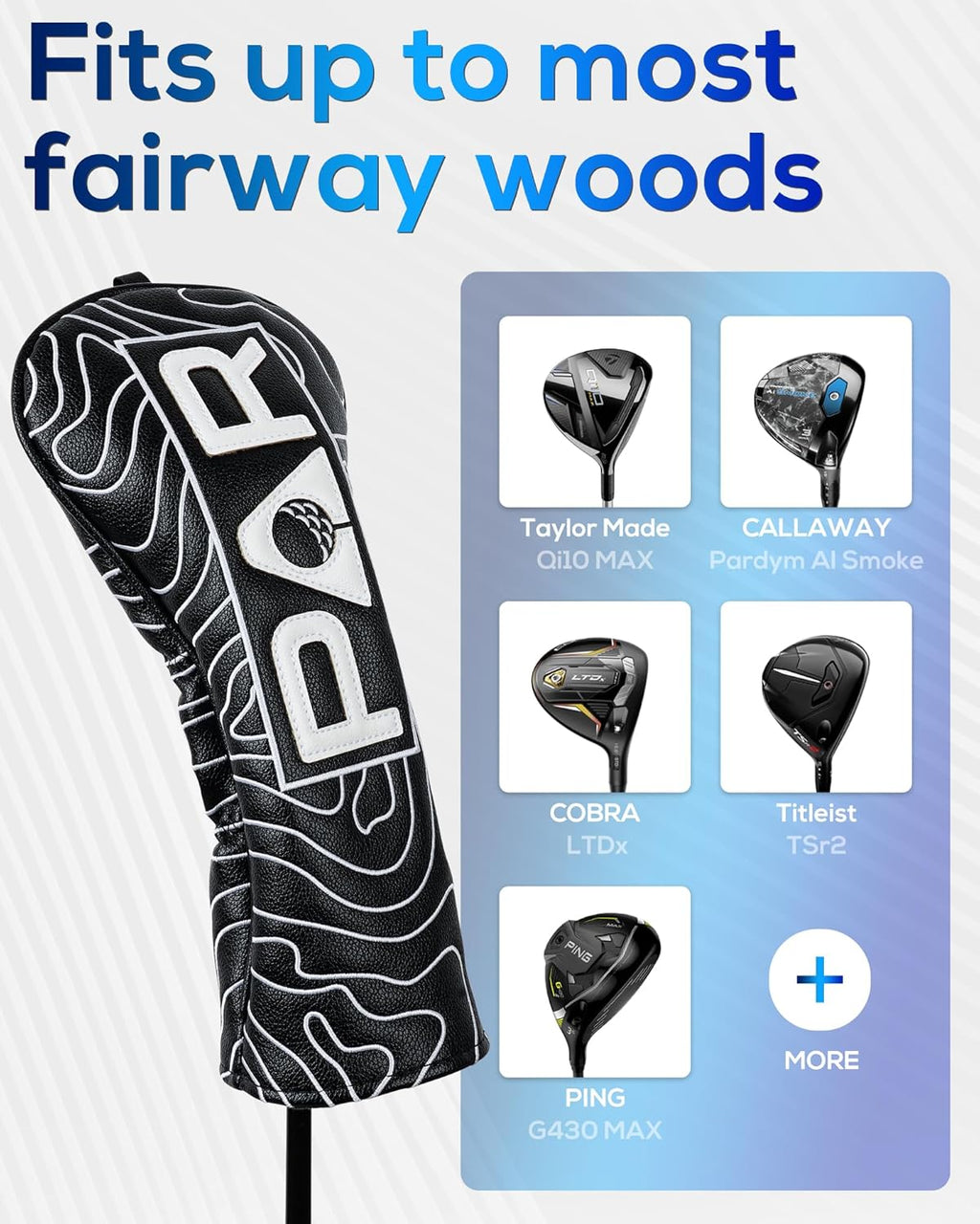 Big Teeth Golf Club Covers Full Set Driver Headcover Fairway Wood Hybrid Golf Club Iron Head Covers, Topographic Edition Putter Cover Leather Golf Head Covers Pure Black, Gifts for Men