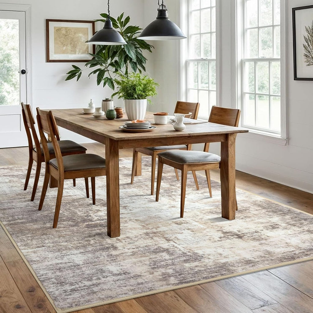 IOHOUZE Abstract Area Rugs 6x9 Ft Washable Rugs for Living Room, Non Slip Dining Room Rug Printed Faux Wool Rugs for Bedroom, Floor Carpet for Office Nursery Playroom, Beige Brown
