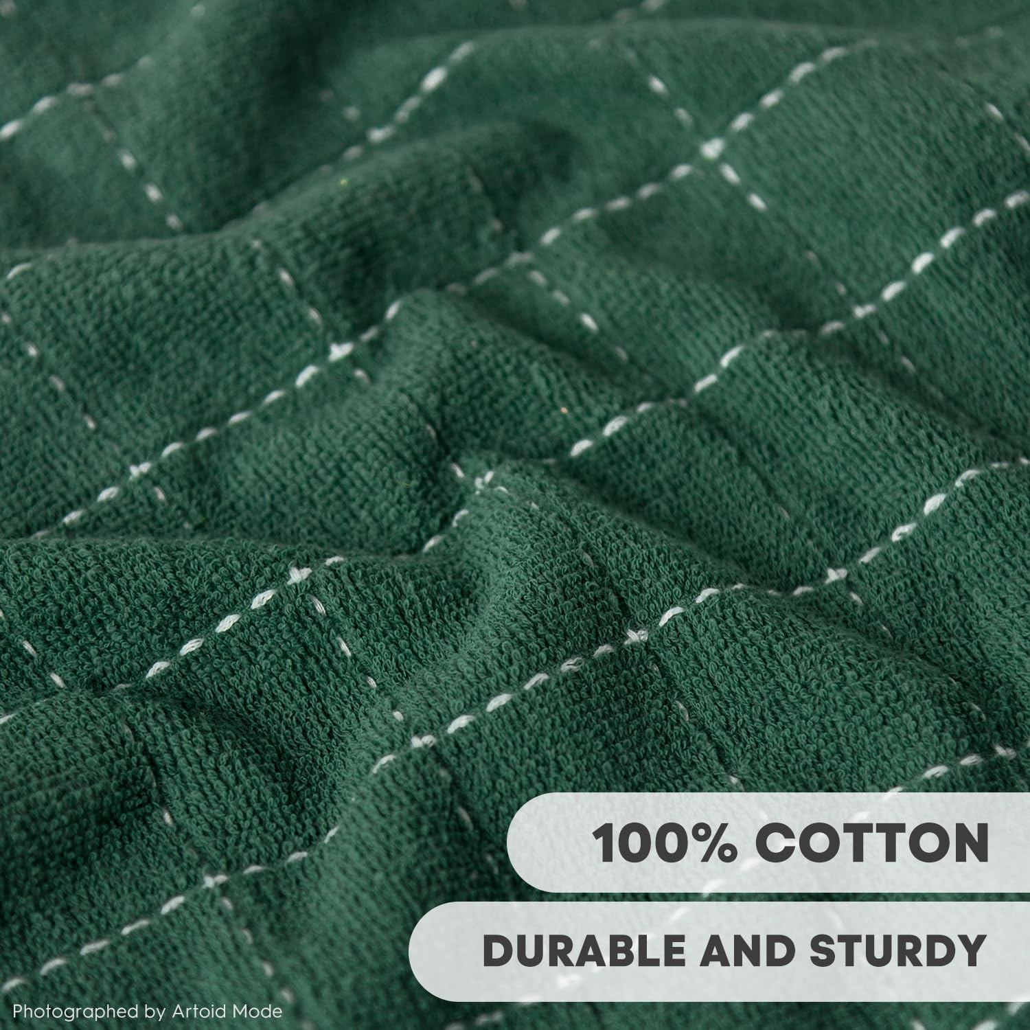 Artoid Mode Checkered Designed Cotton Green Terry Kitchen Dish Towels, 15x25 Inch Soft Absorbent Quick Drying Family Cleaning Tea Towels Set of 4