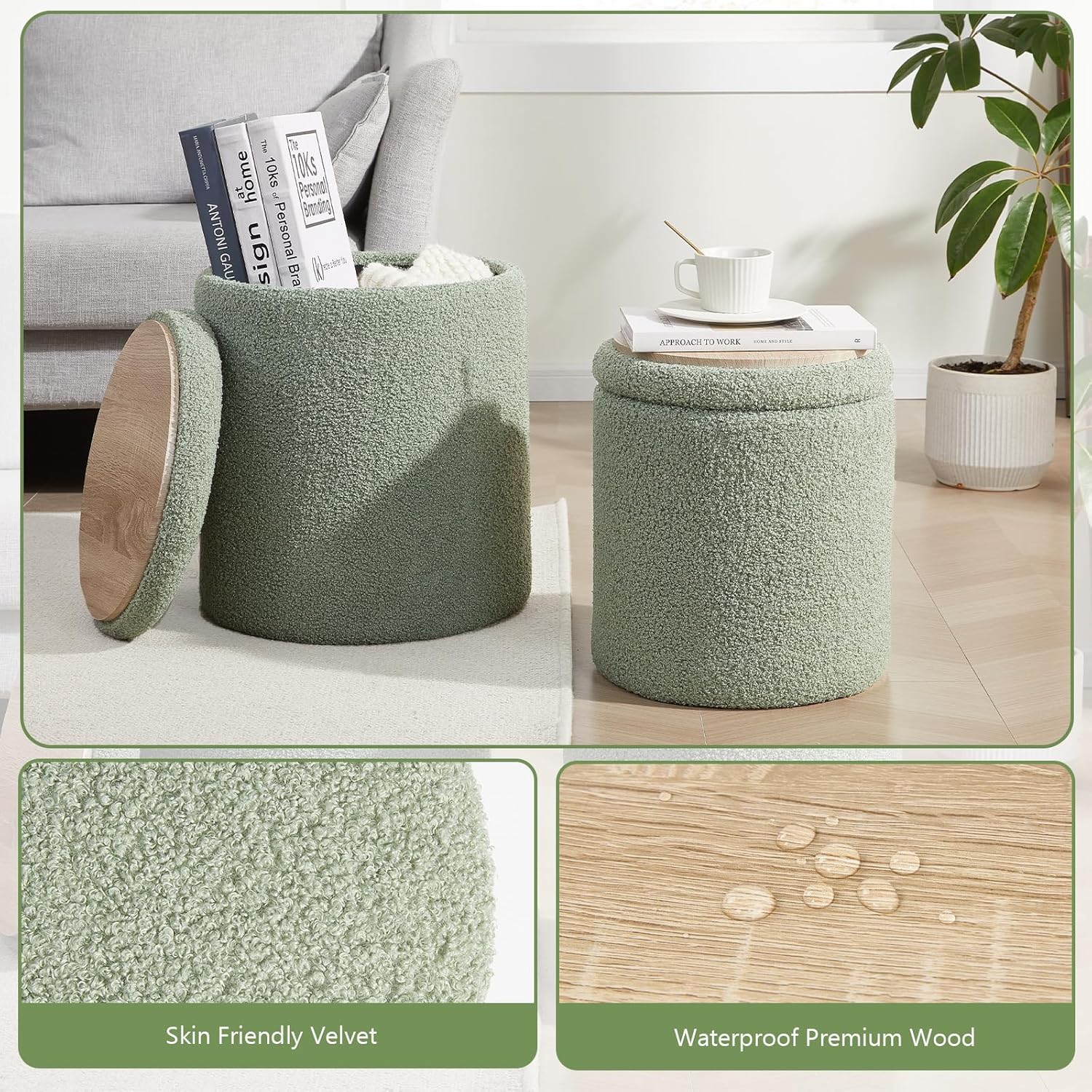 Boucle Round Ottoman with Storage Set of 2,Small Foot Stool Ottoman for Living Room,Small Coffee Table, Vanity Stool with Storage for Bedroom, Green
