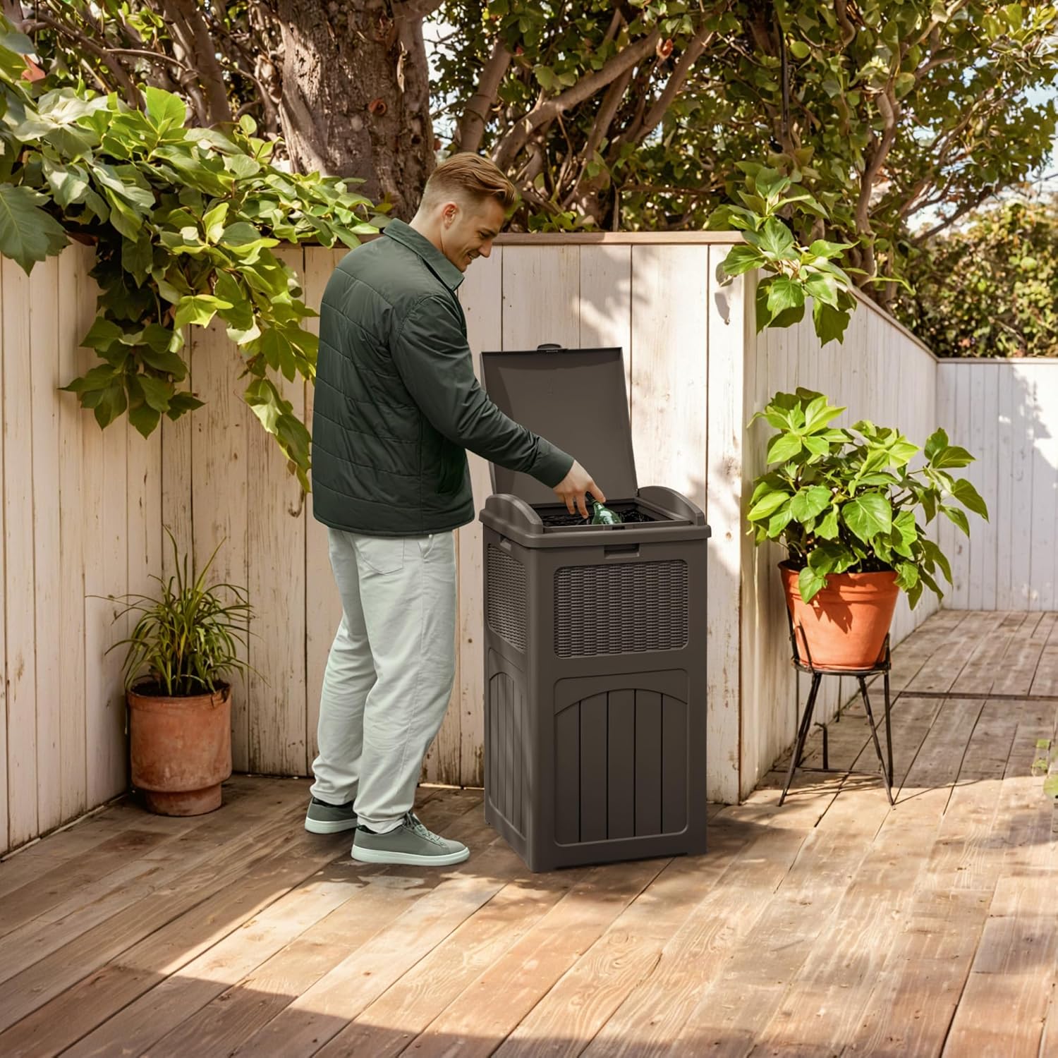 YESHOMY 4 Pack Outdoor Trash Can with Lid, Garbage Bins for Garden, Porch, Home and Kitchen, Brown