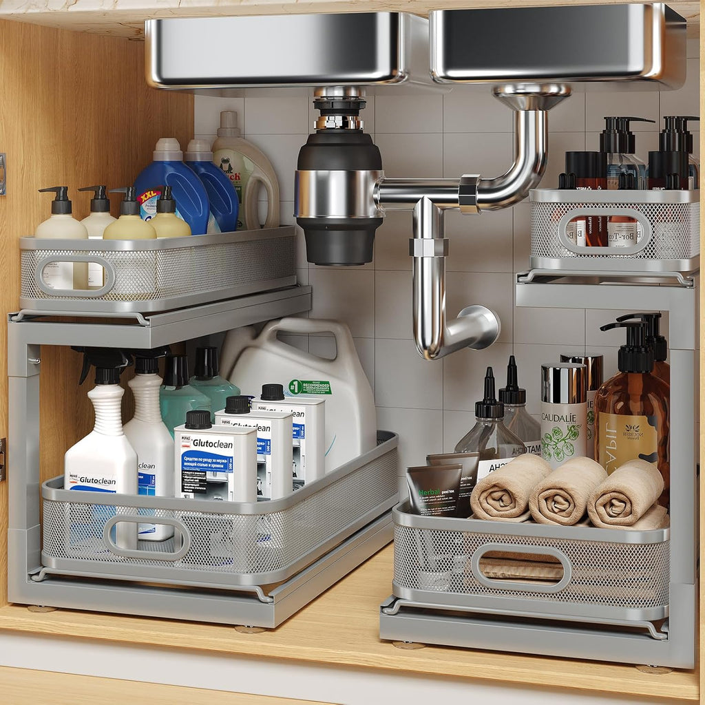 2-Pack Under Sink Storage Organizer with 2-Tier Slide Out Drawer, Sophisticated Mesh Pull Out Shelf for Kitchen & Bathroom, Fits Small Items, Upgraded Arched Track for Smooth Gliding(Patented)