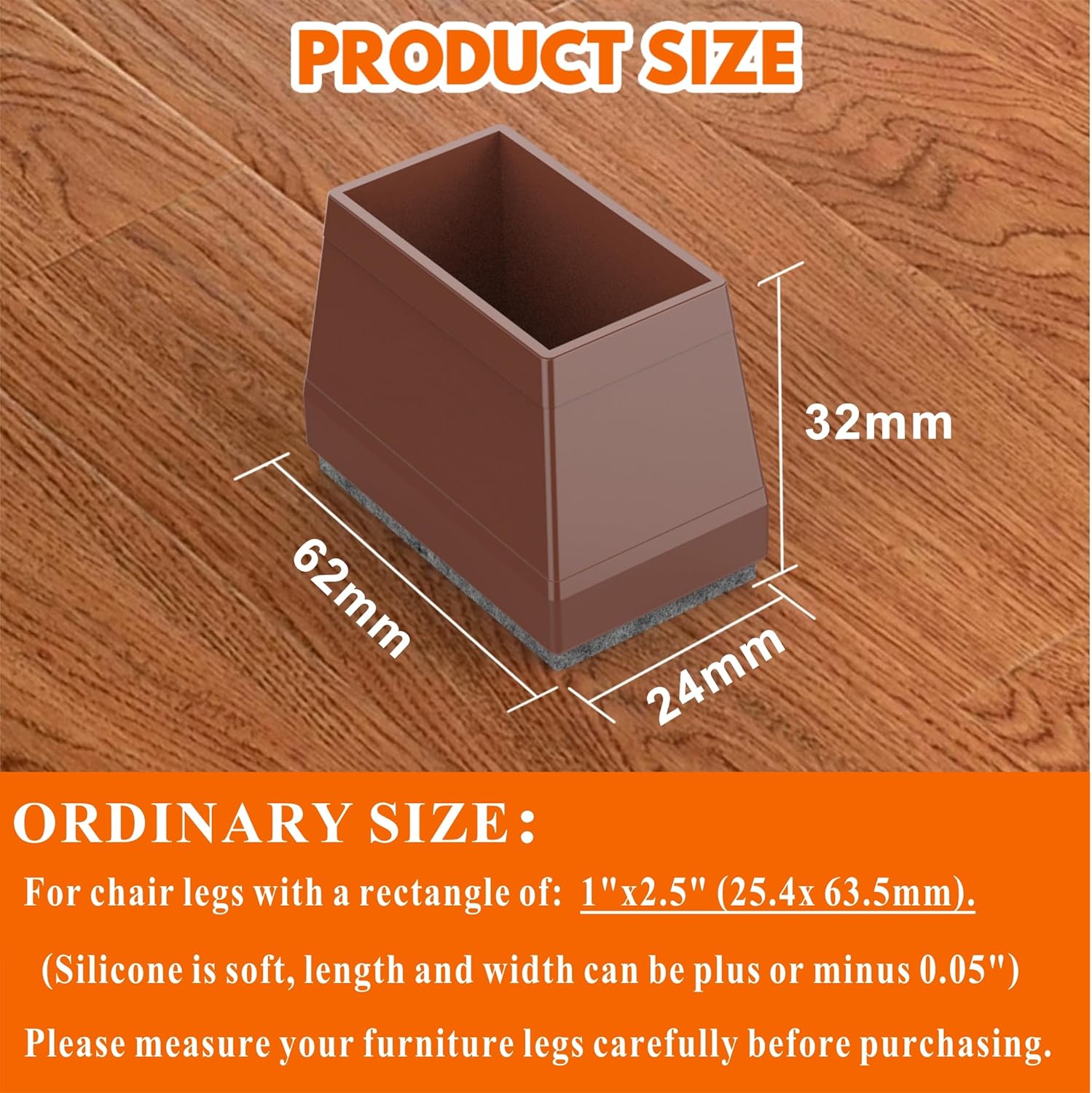 Rectangle Chair Leg Protectors for Hardwood Floors,16 PCS Silicone Covers to Protect Wood Tile Floors Felt Pads Furniture Leg Caps Reduce Noise. Easy to Move.(Brown,1 x 2.5 Inch,Rectangle)