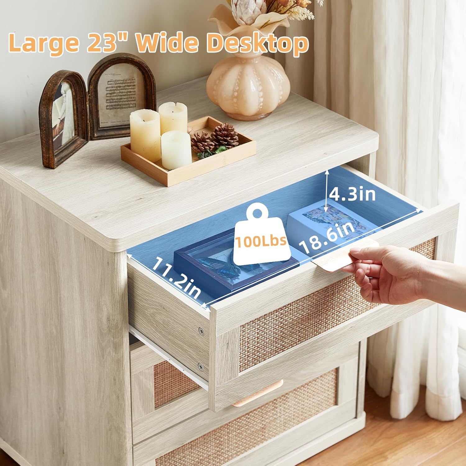 LEYAOYAO Rattan Night Stand with Drawers, 23" Large 3 Drawer Boho Nightstand, Grey White Bedside Table Storage Cabinet, Bed Side End Tables Dresser for Bedroom, Living Room, Hallway, Closet