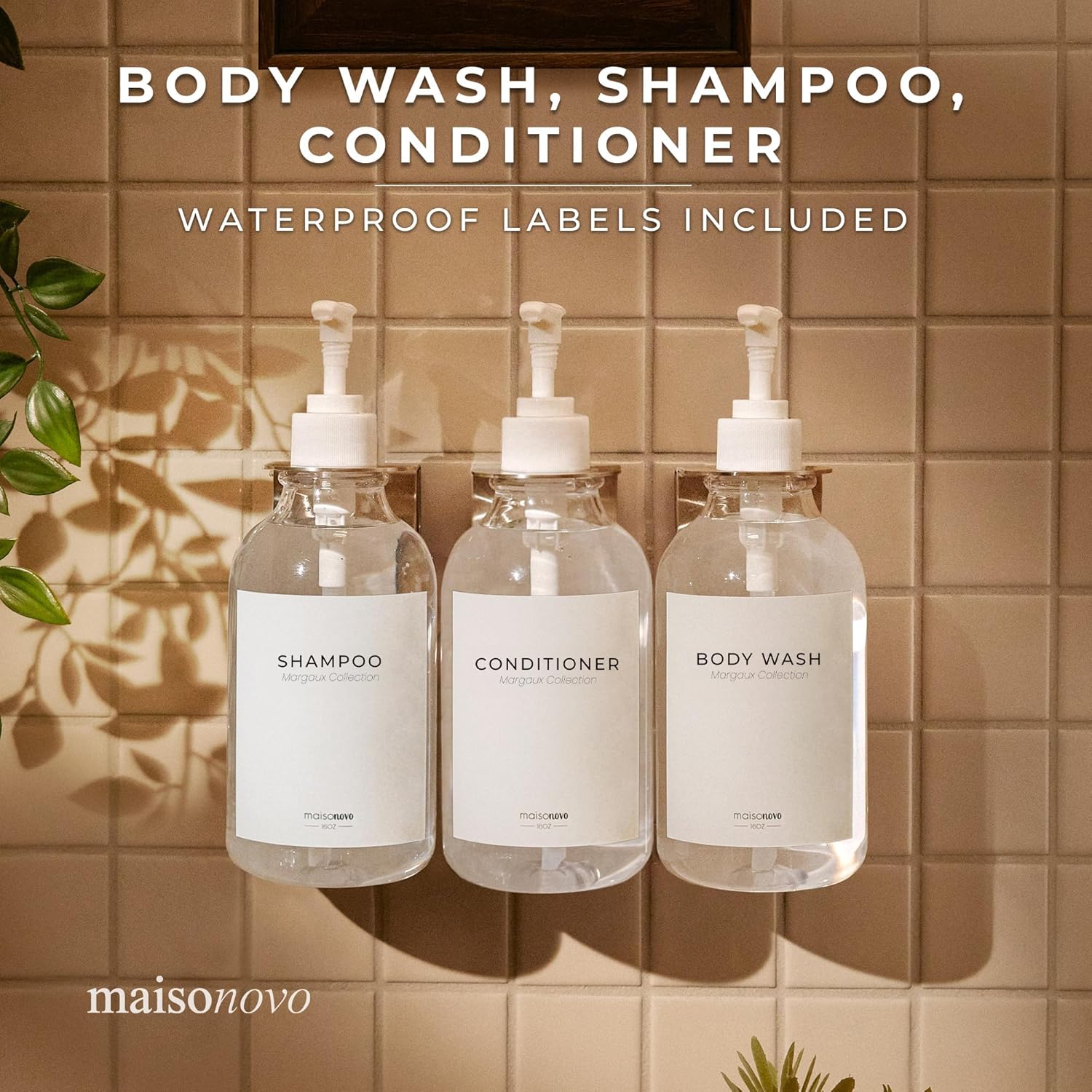 MaisoNovo Shampoo and Conditioner Dispenser - Shower Soap Dispenser Wall Mounted - 16.9 fl oz Set of 2 Clear Plastic Bottles White Pump - Shampoo Dispenser, Shower Dispenser 2 Chamber No Drill