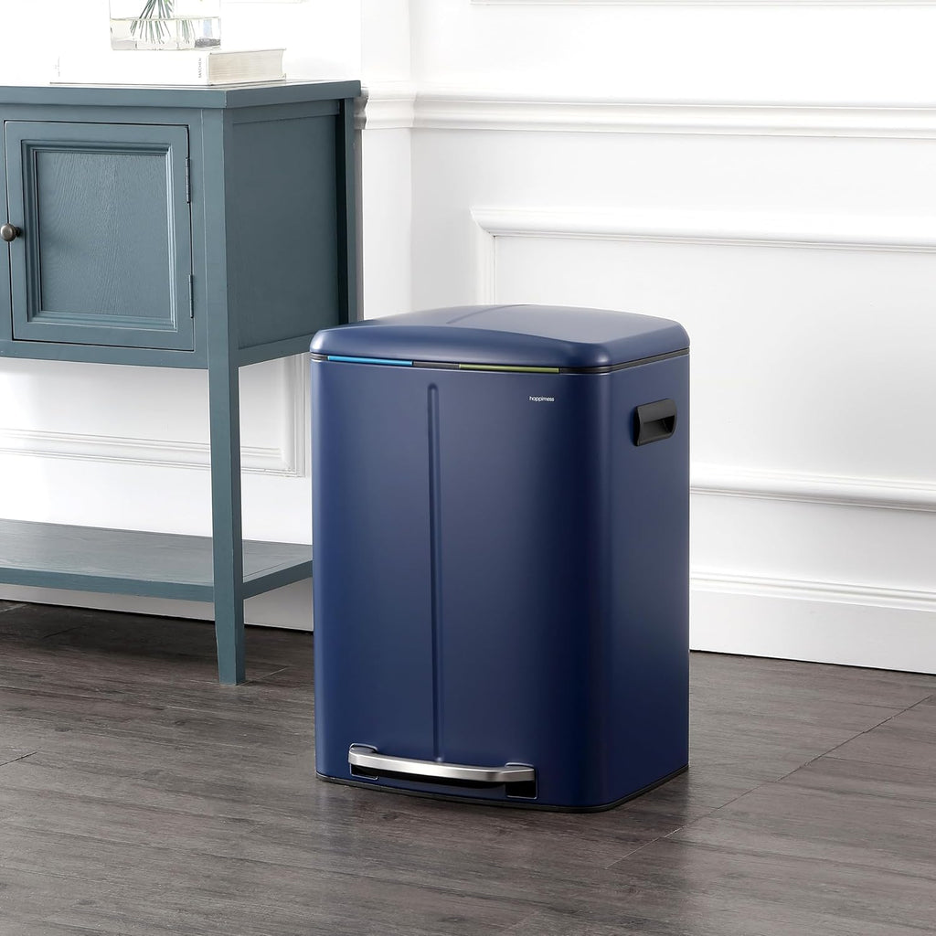 happimess HPM1005J Marco Rectangular 10.6-Gallon Double Bucket Trash Can with Soft-Close Lid, Denim Blue,with Soft-Close Lid, Modern, Minimalistic for Home, Kitchen, Office, Bedroom, Bathroom