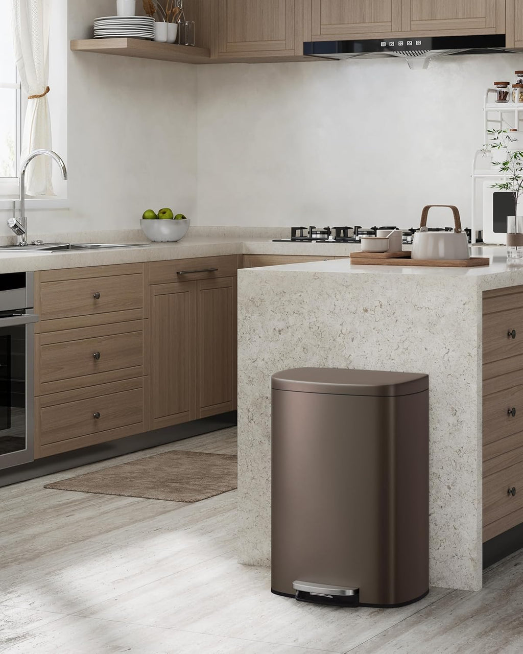 Garvee 13 Gal (50L) and 2.6 Gal (10L) Metal Trash Can Combo Set, Rustproof Garbage Can with Lid, Step-on Trash Bin with Inner Bucket, Rear Handle, Brown