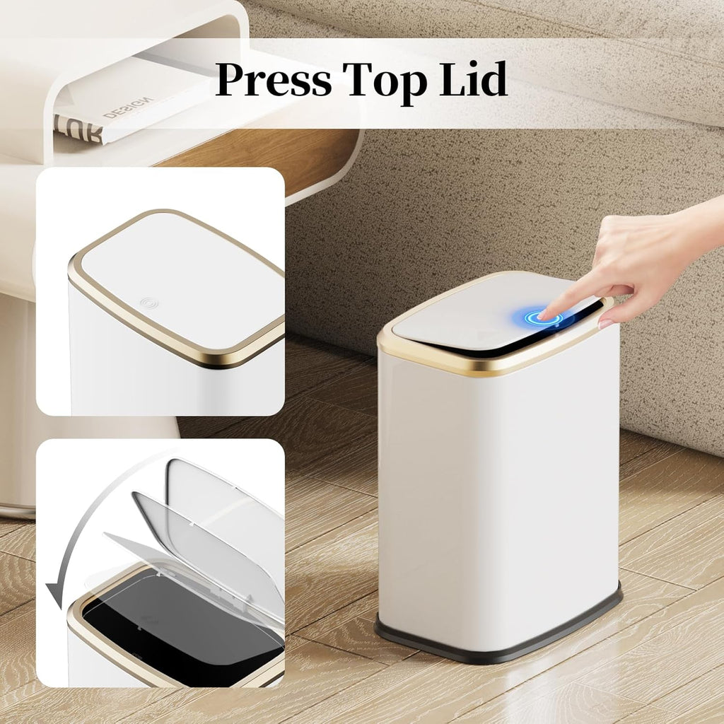 2.1 Gallon Bathroom Trash Can with Lid Press Top, 8 Liter Stainless Steel Garbage Can with Press Type Lid, Slim Trash Bin Waste Basket for Toilet, Office, Bedroom, Living Room (White)