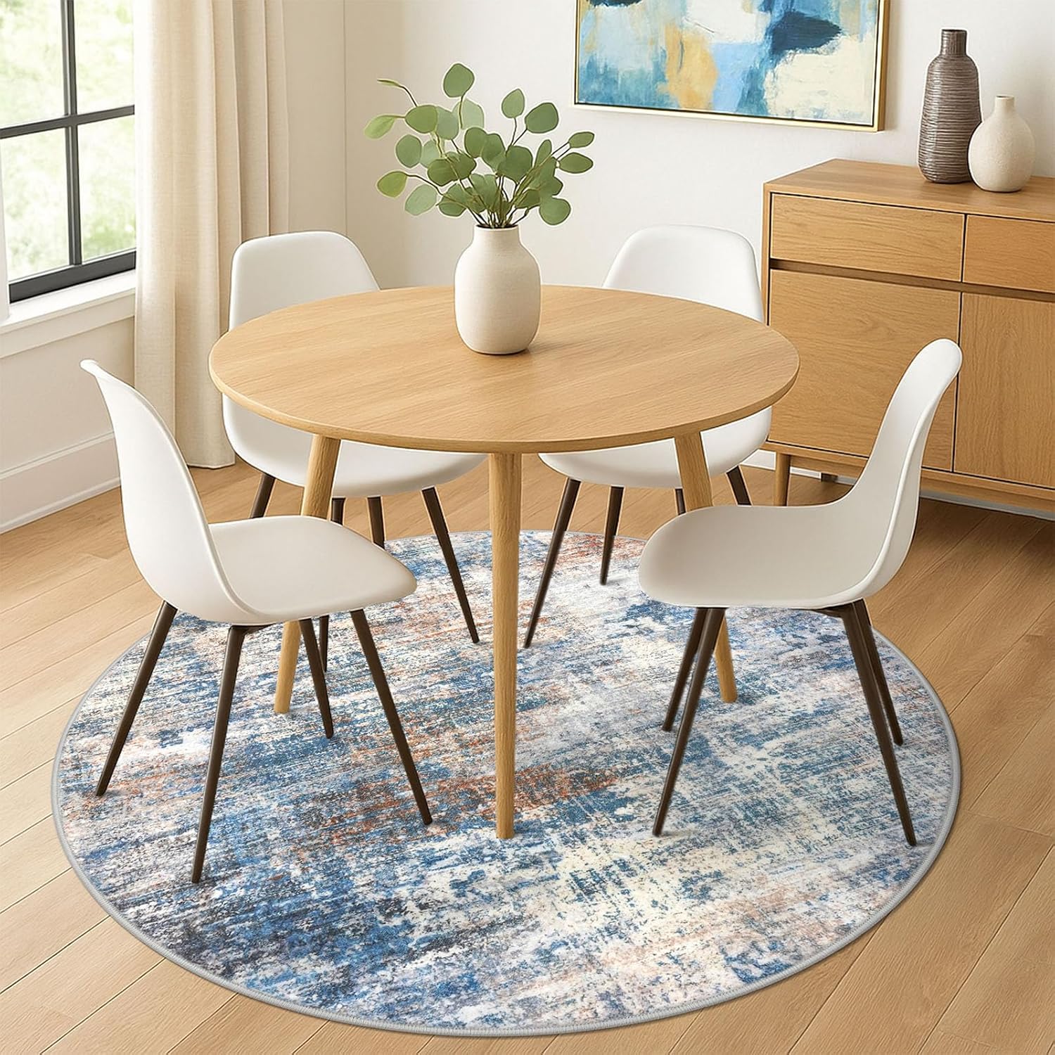 IOHOUZE Abstract Round Area Rug 6 Ft Washable Circle Rugs Large Round Rug Non Slip Thin Soft Circle Rugs, Printed Faux Wool Floor Carpet for Bedroom Living Room Dining Room Nursery, Blue Rust