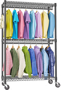 Heavy Duty Rolling Garment Rack 3 Tiers Adjustable Wire Shelving Clothes Rack with 2 Rods and Side Hooks,Storage Closet Clothing Rack with Wheels Black 15.7" D x 45.3" W x 79.6" H