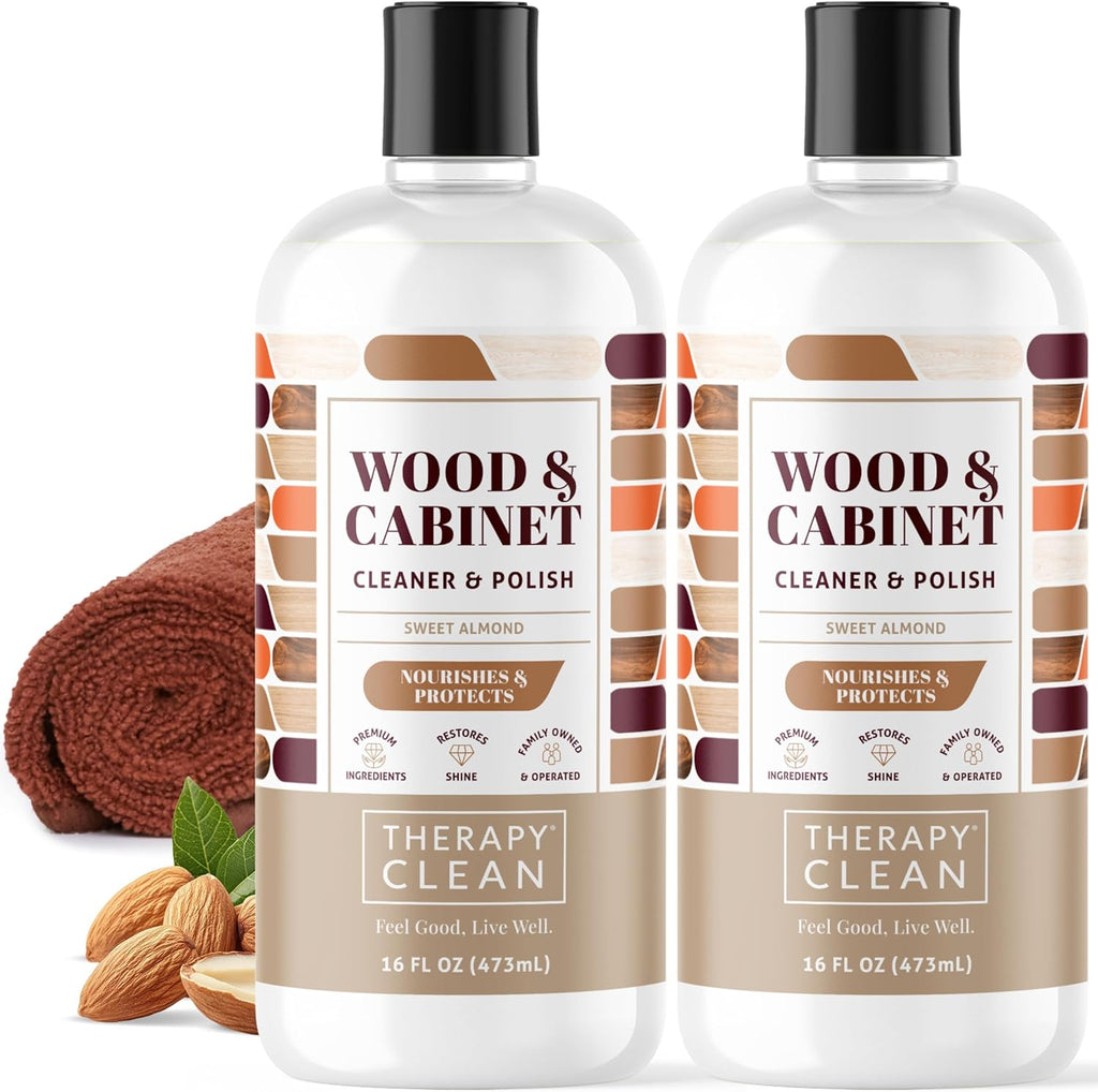 Therapy Wood Cleaner & Polish 16 oz. (2-Pack with Microfiber Cloth) - Wood Cabinet and Table Cleaner - Conditioner - Almond Scent